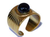 Bague en Acier Inoxydable Dorée Cabochon Pierre Ronde en Agate Noire 8 mm