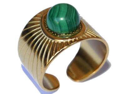 Bague en Acier Inoxydable Dorée Cabochon Pierre Ronde en Malachite 8 mm