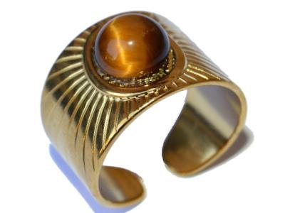 Bague en Acier Inoxydable Dorée Cabochon Pierre Ronde en Oeil de Tigre 8 mm