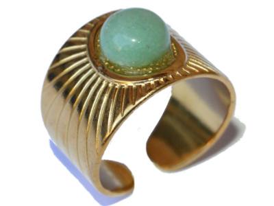 Bague en Acier Inoxydable Dorée Cabochon Pierre Ronde en Aventurine Verte 8 mm